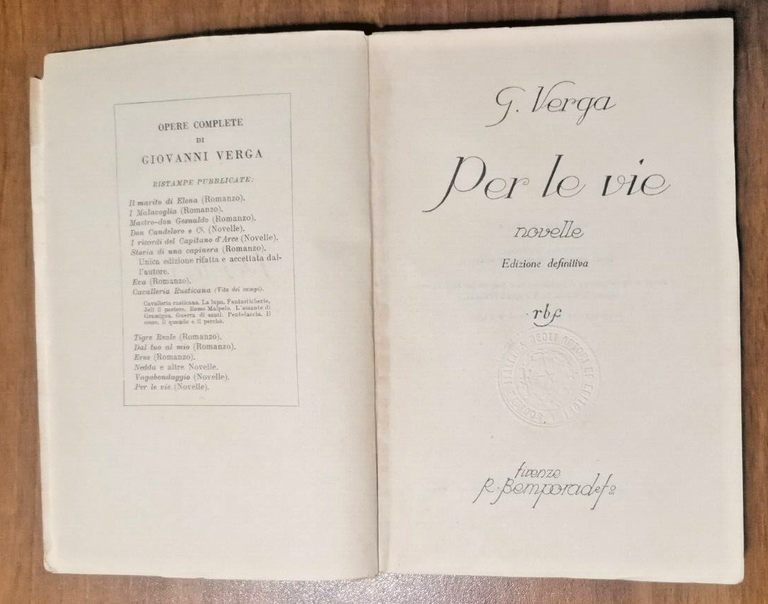 PER LE VIE Novelle di Giovanni Verga 1930 Bemporad edizione …