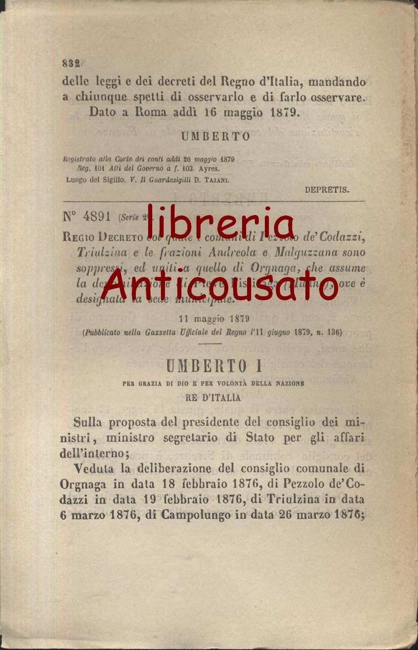 PEZZOLO DE CODAZZI TRIULZINA REGIO DECRETO 1879 PIEVE FISSIRAGA ANDREOLA …
