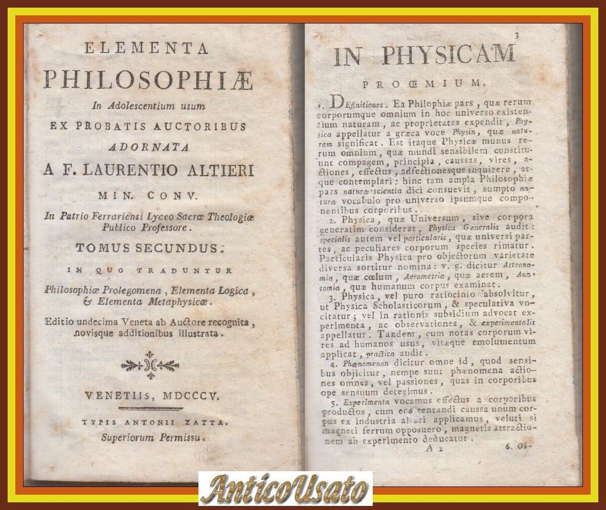 PHYSICAE di Laurentio Altieri 1805 volume 2 Elementa Philosophiae Libro … | Immagine principale