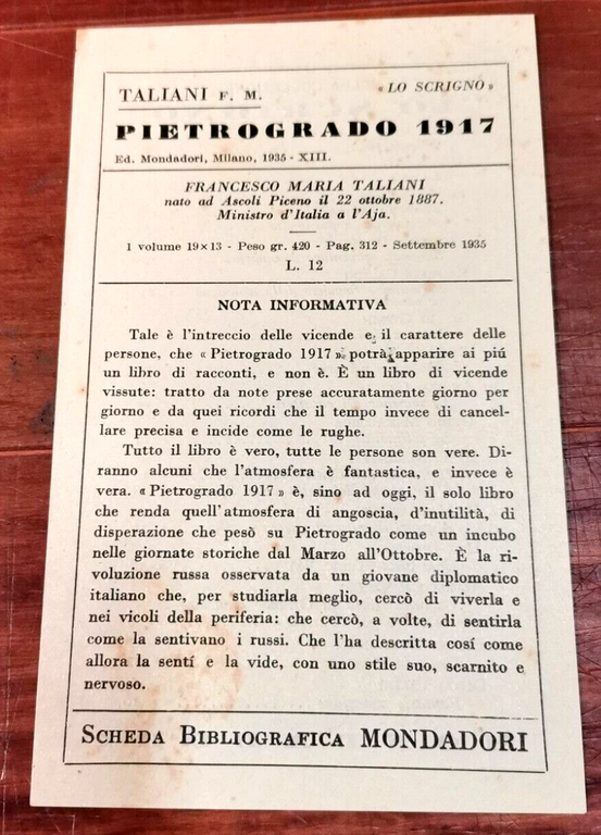 PIETROGRADO 1917 di Francesco Maria Taliani 1935 Mondadori libro prima …