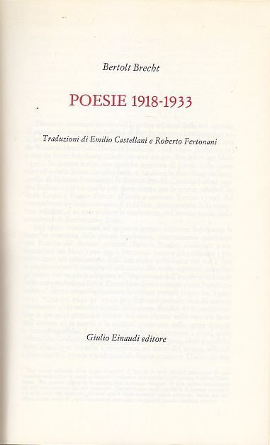 POESIE 1918 1933 di Bertolt Brecht 1968 Giulio Einaudi Editore …