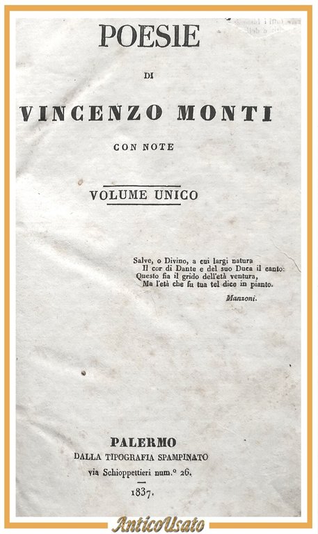 POESIE di Vincenzo Monti con note 1837 Tipografi Spampinato libro antico Palermo
