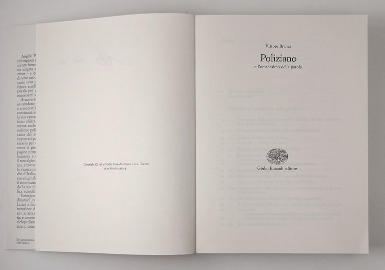 POLIZIANO E L'UMANESIMO DELLA PAROLA di Vittore Branca 1983 Einaudi …