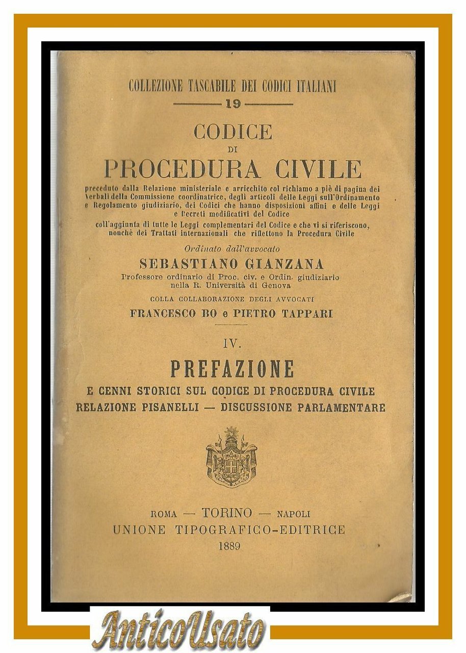 PREFAZIONE CODICE PROCEDURA CIVILE di Gianzana 1889 Libro Antico Diritto …