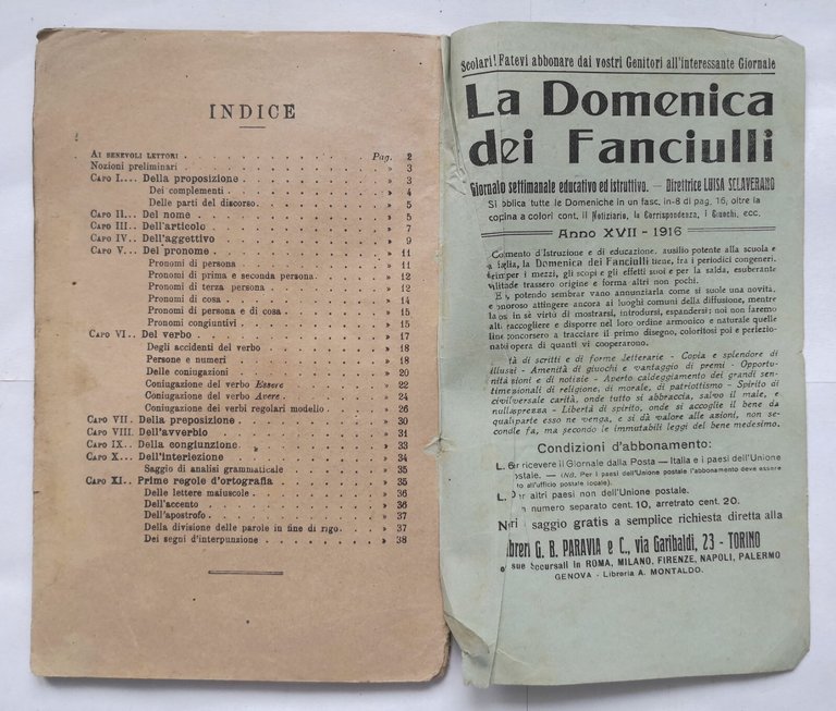 PRIME NOZIONI DI GRAMMATICA ITALIANA per III elementare Borgogno 1916 …
