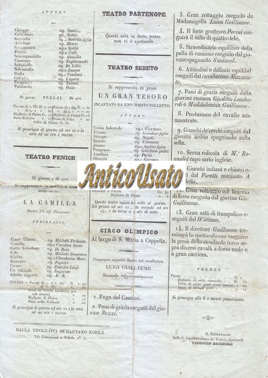 PROGRAMMA GIORNALIERO 1838 degli spettacoli balli feste Napoli Foglio Antico