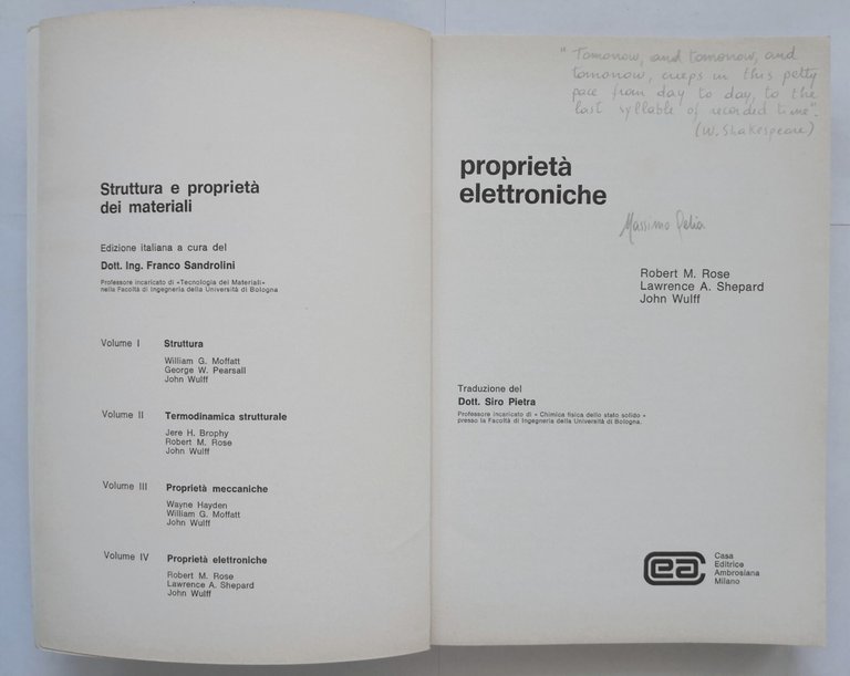PROPRIETÀ ELETTRONICHE di Rose Shepard Wulff 1975 Ambrosiana Libro materiali