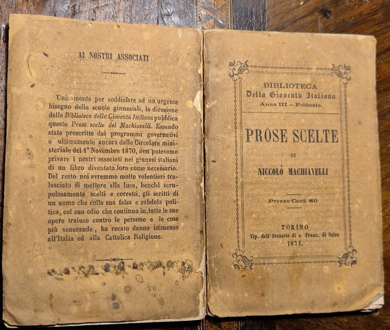 PROSE SCELTE di Niccolò Machiavelli 1871 Oratorio San Francesco di …