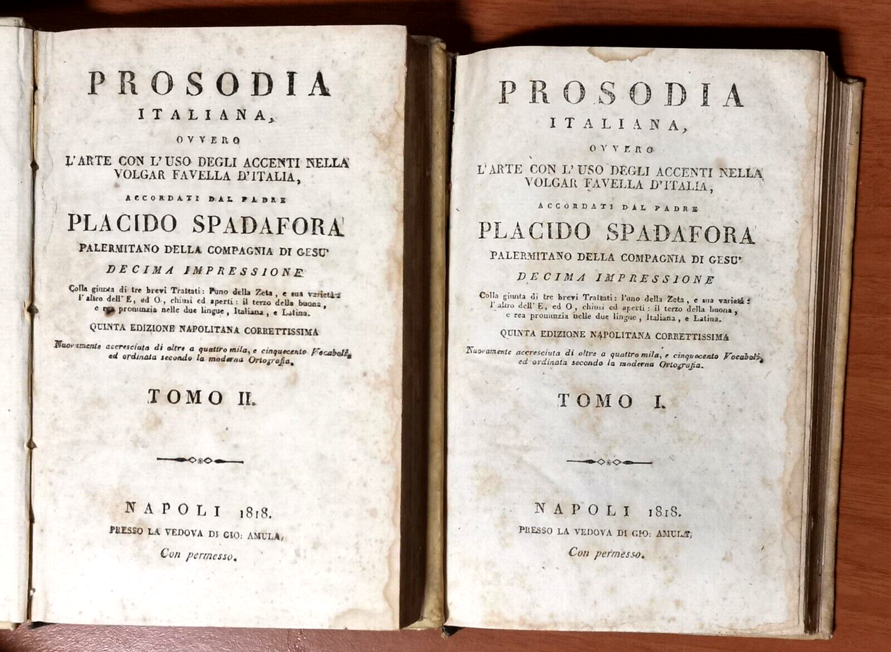 PROSODIA ITALIANA di Placido Spadafora 2 volumi 1818 libro antico …