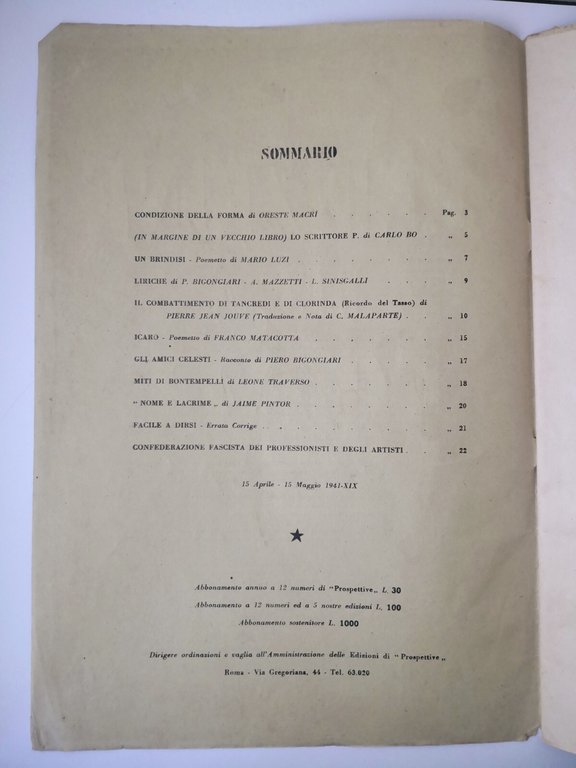 Prospettive CONDIZIONE DELLA FORMA anno V numero 16 17 1941 …