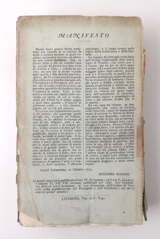 PROTAGORA O I SOFISTI Di Platone traduzione Bonghi 1882 Bocca …