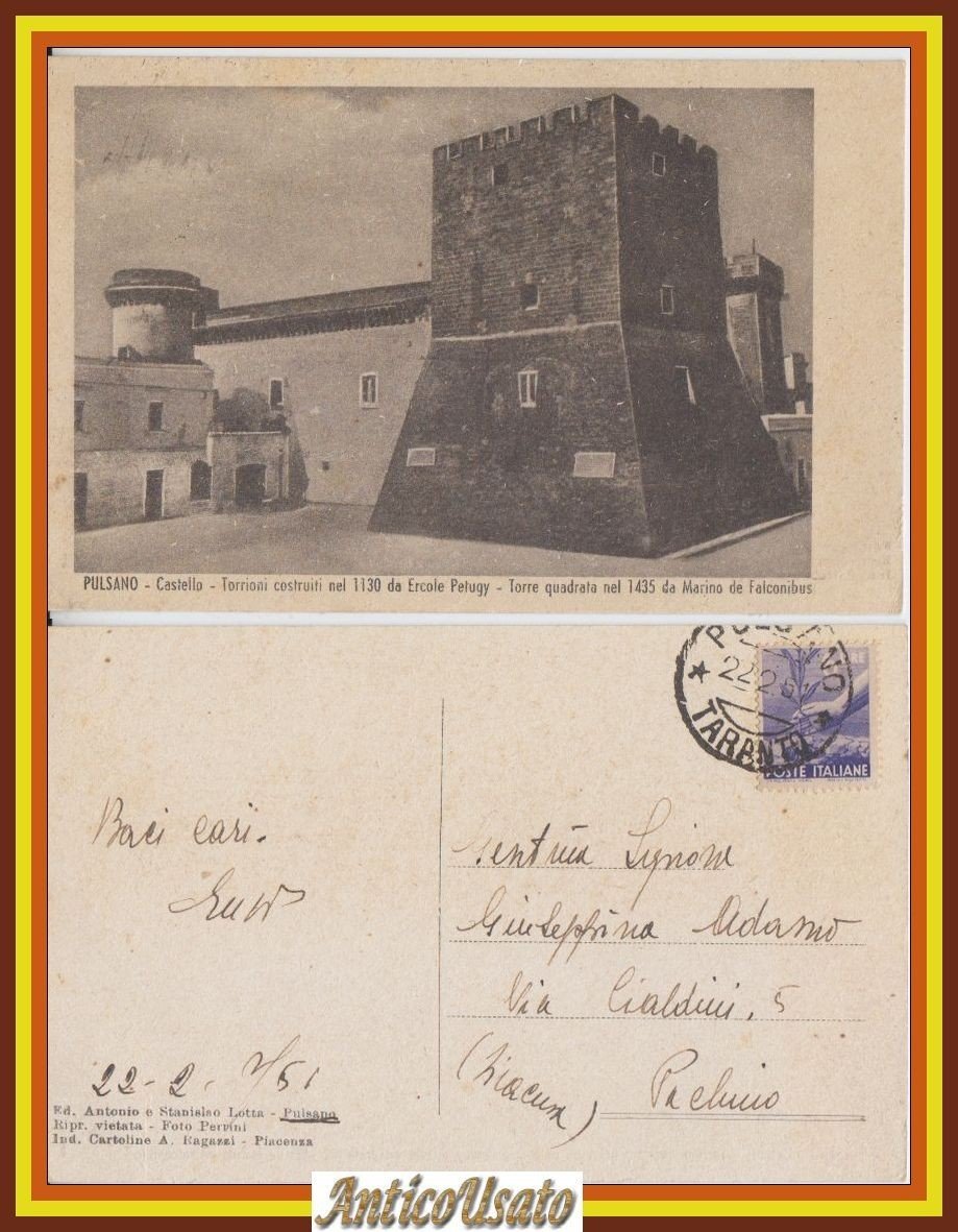 PULSANO CASTELLO Torrioni Torre Quadrata Cartolina Viaggiata 1951 Taranto