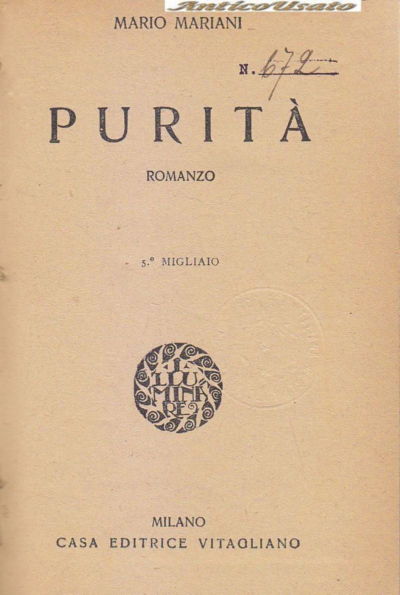 PURITÀ romanzo di Mario Mariani 1923 Casa Editrice Vitagliano libro …