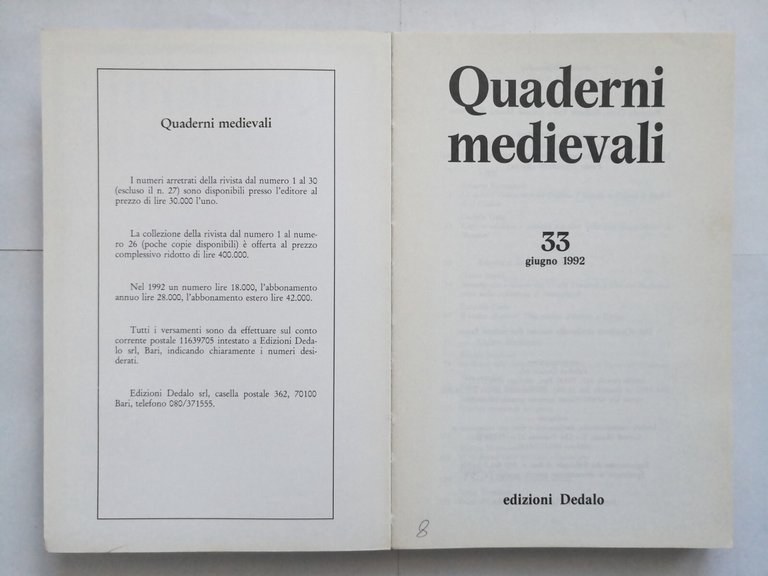 QUADERNI MEDIEVALI 33 giugno 1992 Dedalo rivista Corsi Iorio Basoli …