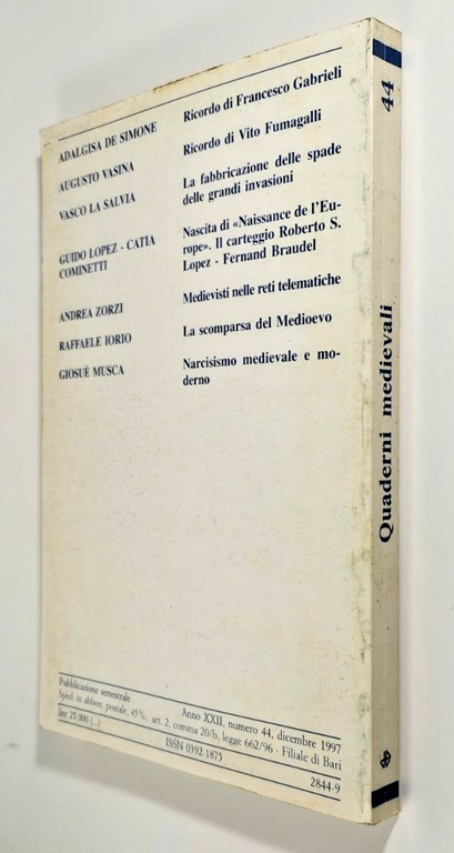 QUADERNI MEDIEVALI 44 dicembre 1997 Edizioni Dedalo RIVISTA STORIA LIBRO …