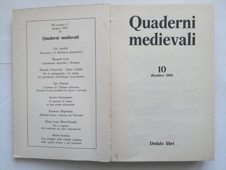 QUADERNI MEDIEVALI Numero 10 dicembre 1980 Dedalo rivista