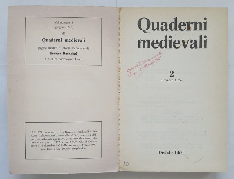 QUADERNI MEDIEVALI Numero 2 dicembre 1976 Dedalo Libri rivista