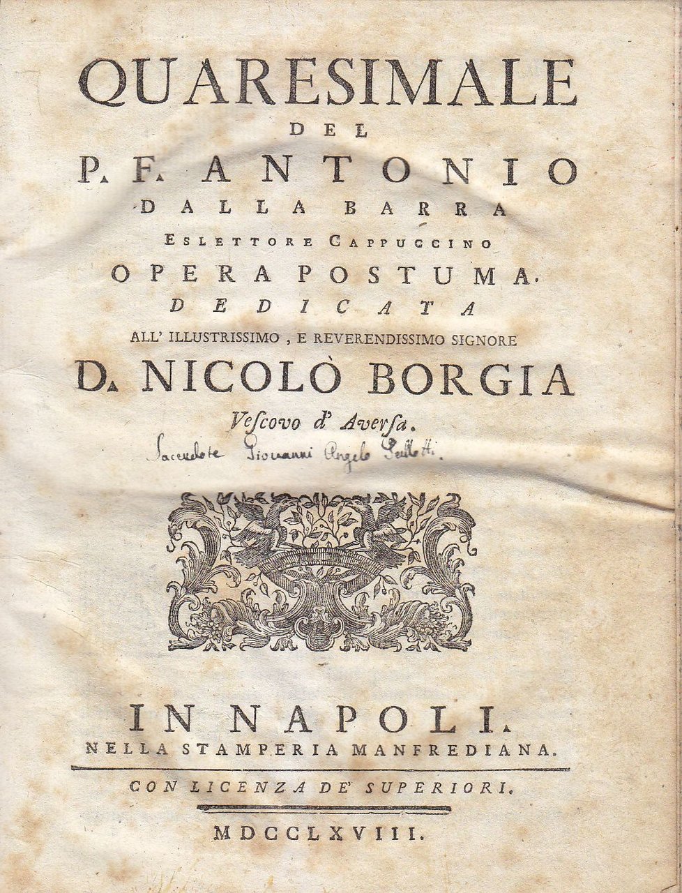 QUARESIMALE di Antonio Dalla Barra 1768 Stamperia Manfrediana libro antico