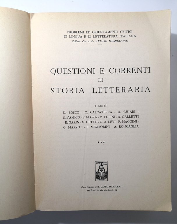 QUESTIONI E CORRENTI DI STORIA LETTERARIA Momigliano 1968 Marzorati Libro