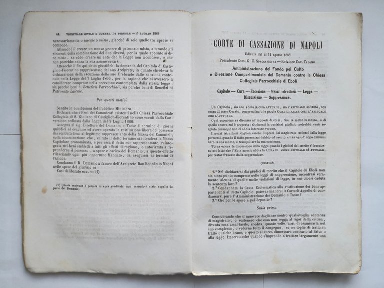 RACCOLTA DI SENTENZE IN APPLICAZIONE DELLE LEGGI SULL'ASSE ECCLESIASTICO 1869