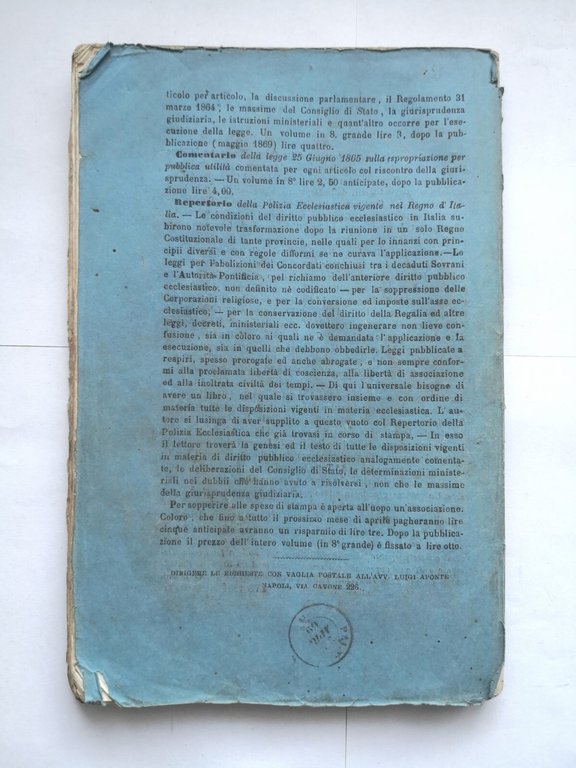 RACCOLTA DI SENTENZE IN APPLICAZIONE DELLE LEGGI SULL'ASSE ECCLESIASTICO 1869