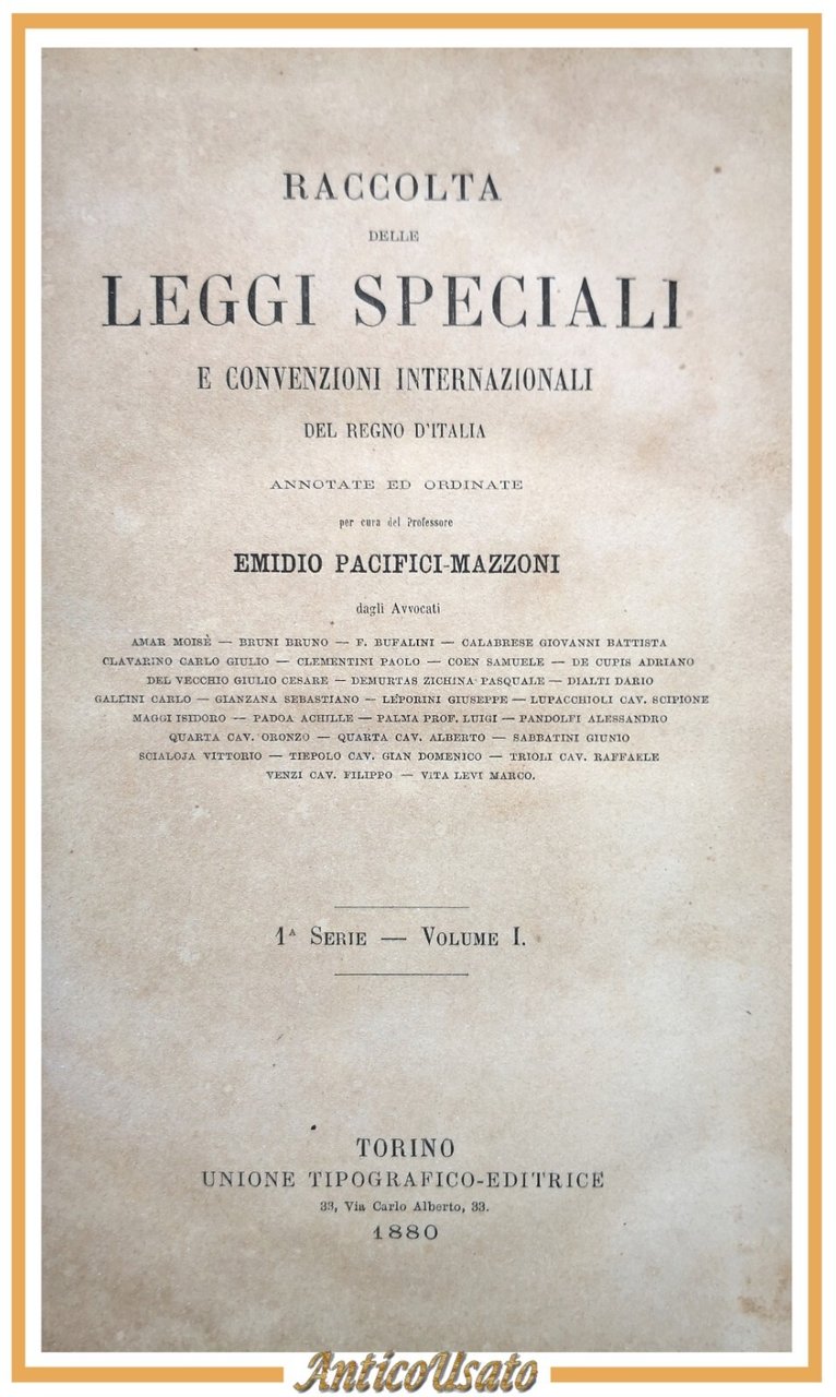 RACCOLTA LEGGI SPECIALI E CONVENZIONI INTERNAZIONALI REGNO D'ITALIA 1880 Libro