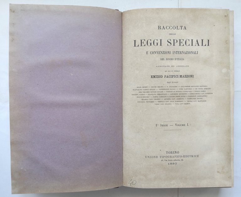 RACCOLTA LEGGI SPECIALI E CONVENZIONI INTERNAZIONALI REGNO D'ITALIA 1880 Libro