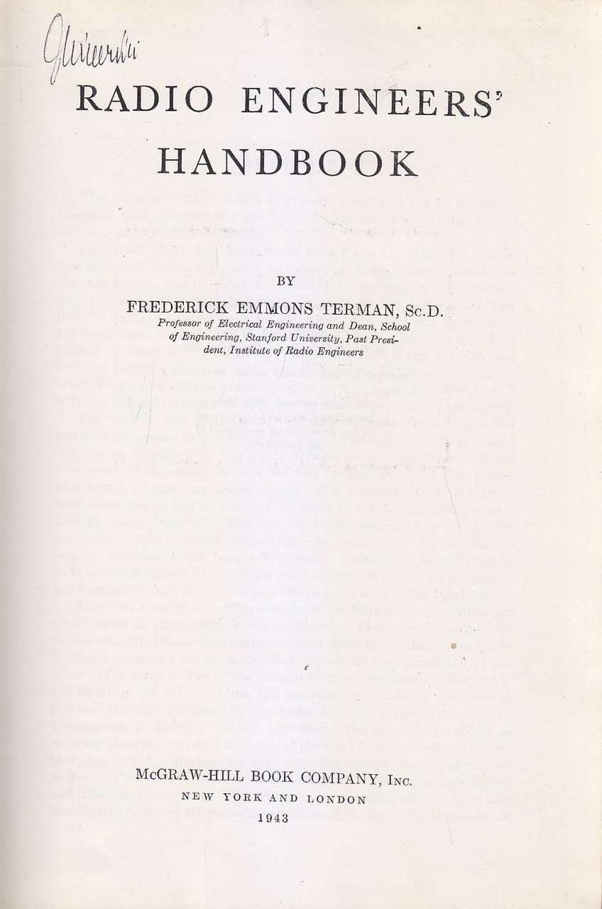 RADIO ENGINEERS HANDBOOK di Frederick Emmons Terman 1943 McGraw Hill …