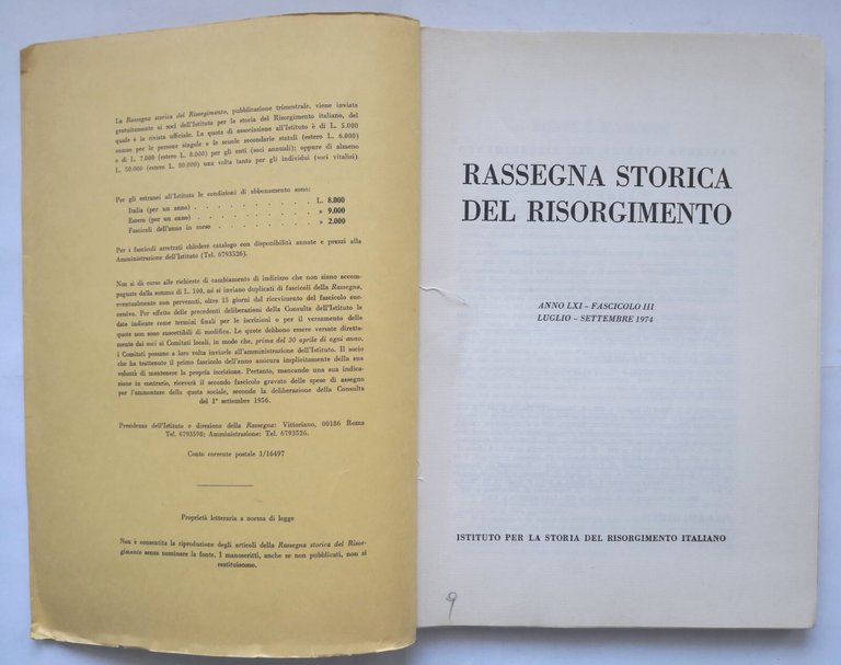 RASSEGNA STORICA DEL RISORGIMENTO fascicolo 3 luglio settembre 1974 rivista