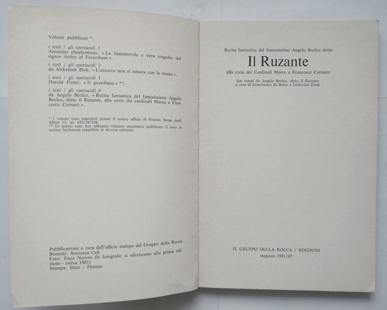 RECITA DI ANGELO BEOLCO DETTO IL RUZANTE 1982 Gruppo della …