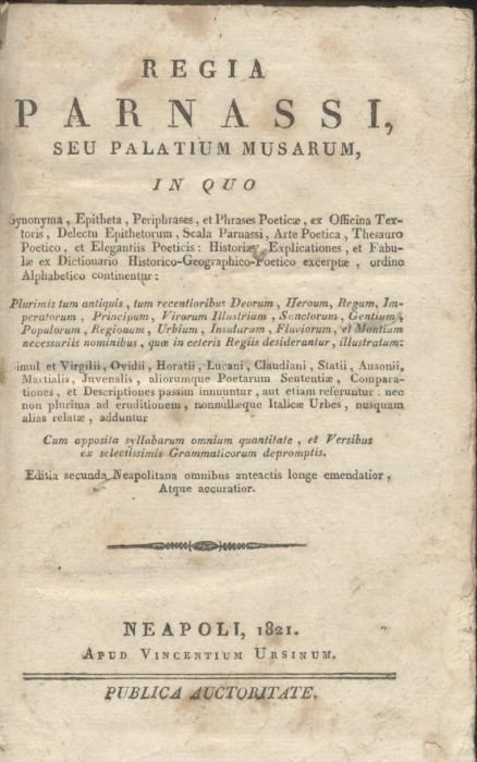 REGIA PARNASSI SEU PALATIUM MUSARUM synonyma ephiteta 1821 libro antico