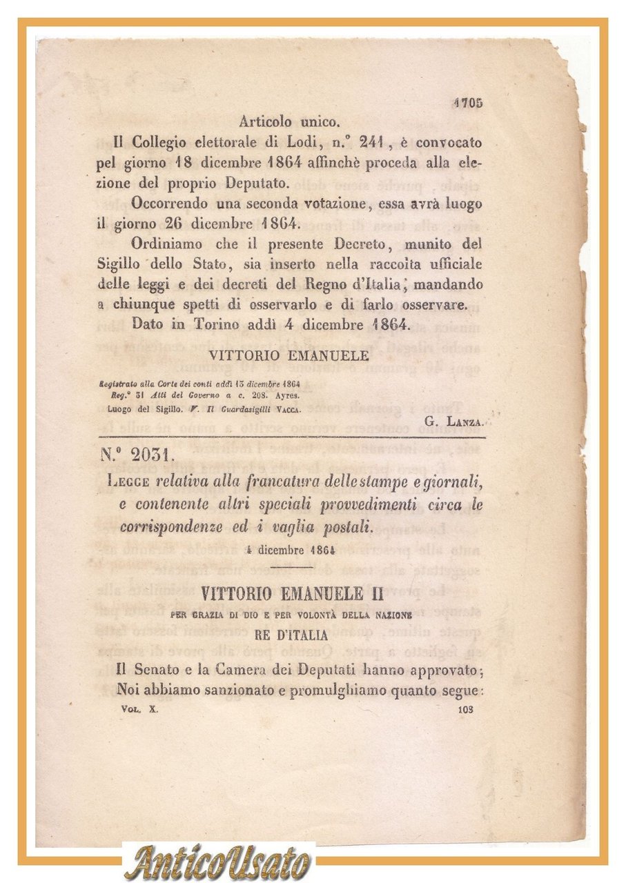 REGIO DECRETO 1864 Affrancatura stampe giornali corrispondenze vaglia postali