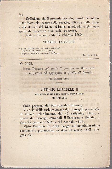 REGIO DECRETO BARANZATE OLONA SOPPRESSO AGGREGATO BOLLATE 1869 antico originale
