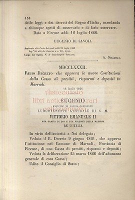 REGIO DECRETO cassa di prestiti risparmi depositi MARRADI 1866 Antico …