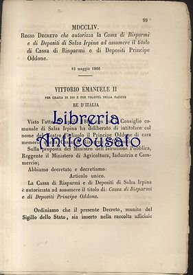 REGIO DECRETO Cassa Risparmi Depositi SALZA IRPINA 1866 Principe Oddone