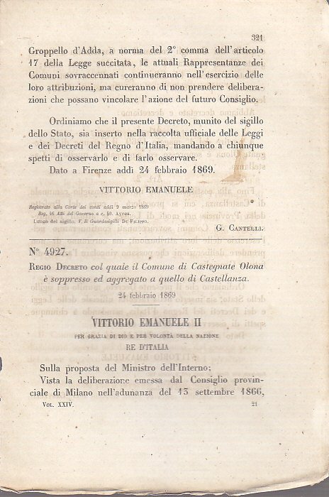 REGIO DECRETO CASTEGNATE OLONA SOPPRESSO AGGREGATO CASTELLANZA - 1869 Originale