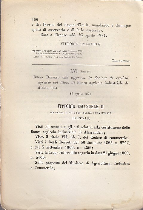 REGIO DECRETO CHE APPROVA SOCIETA' BANCA AGRICOLA INDUSTRIALE ALESSANDRIA 1871