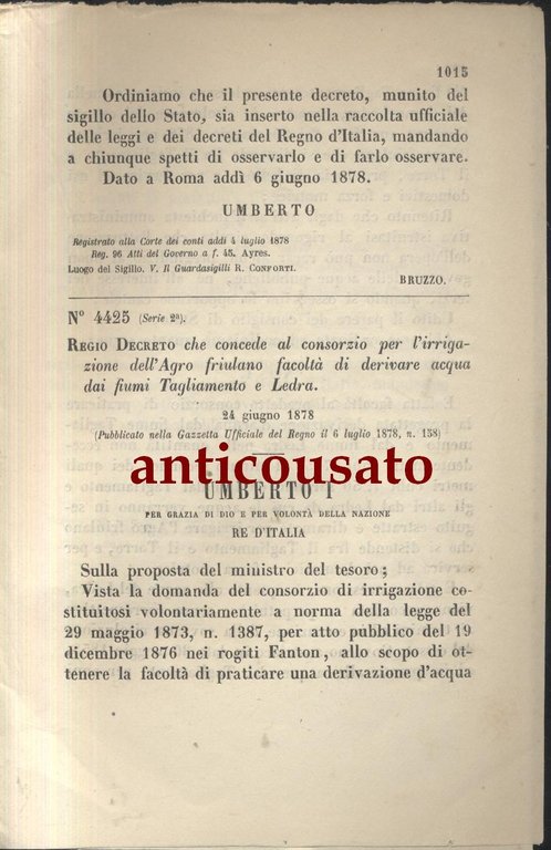 Regio Decreto CONSORZIO IRRIGAZIONE AGRO FRIULANO 1878 Tagliamento Ledra Antico | Immagine Gallery 1