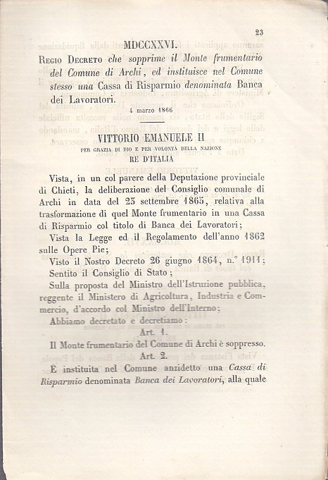 REGIO DECRETO MONTE FRUMENTARIO ARCHI BANCA DEI LAVORATORI 1866 Antico …
