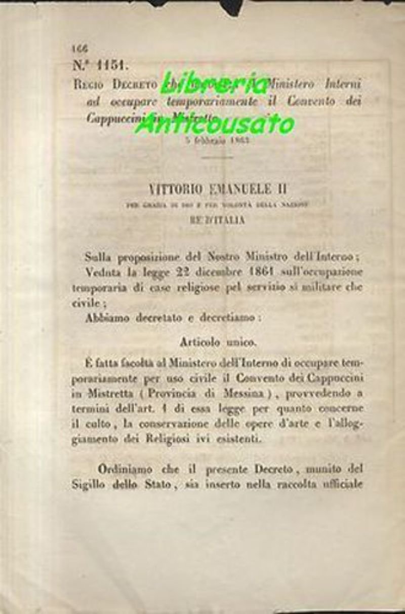 REGIO DECRETO OCCUPAZIONE CONVENTO CAPPUCCINI IN MISTRETTA - 5 FEBBRAIO …