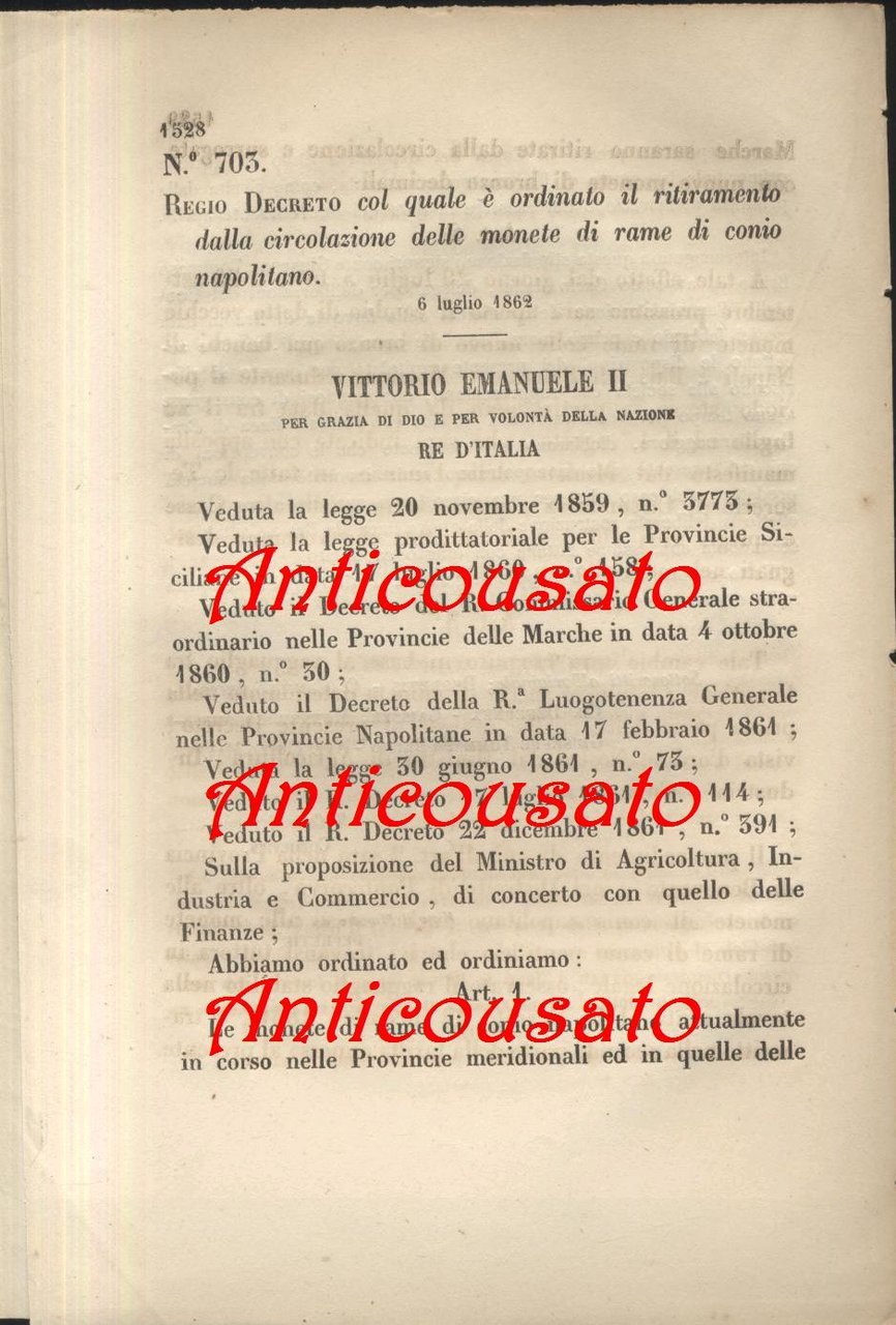 REGIO DECRETO RITIRO CIRCOLAZIONE MONETE RAME DI CONIO NAPOLITANO 1862 …