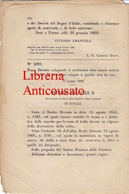 Regio Decreto Sostituzione NUOVA MARCA DA BOLLO 5 CENTESIMI 1869 …