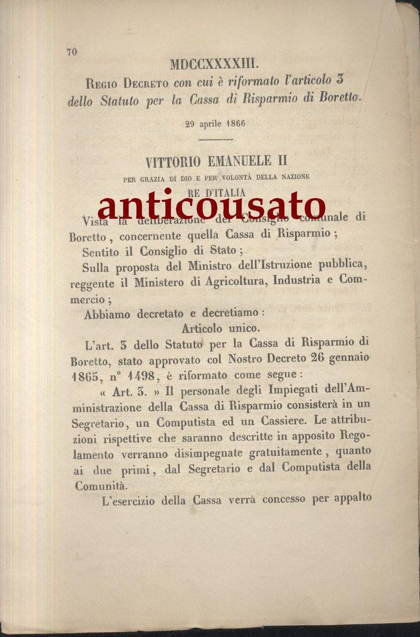 REGIO DECRETO STATUTO CASSA DI RISPARMIO BORETTO 26 APRILE 1866 …