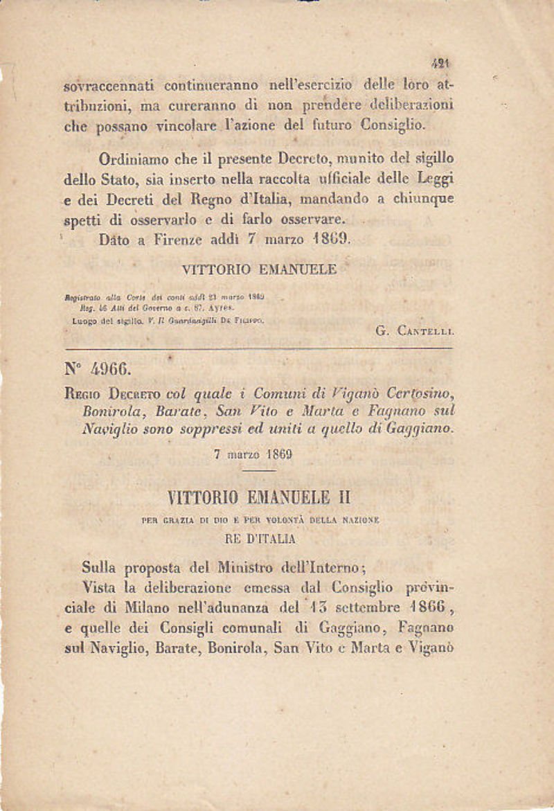 REGIO DECRETO VIGANO' CERTOSINO BINAROLA BARATE FAGNANO GAGGIANO - 1869 …