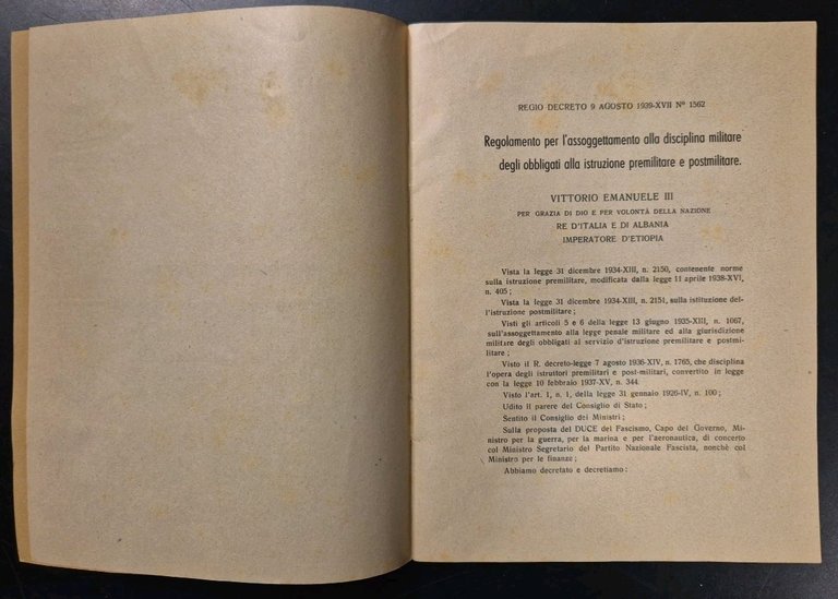 REGOLAMENTO PER ASSOGGETTAMENTO DISCIPLINA MILITARE premilitare postmilitar 1928