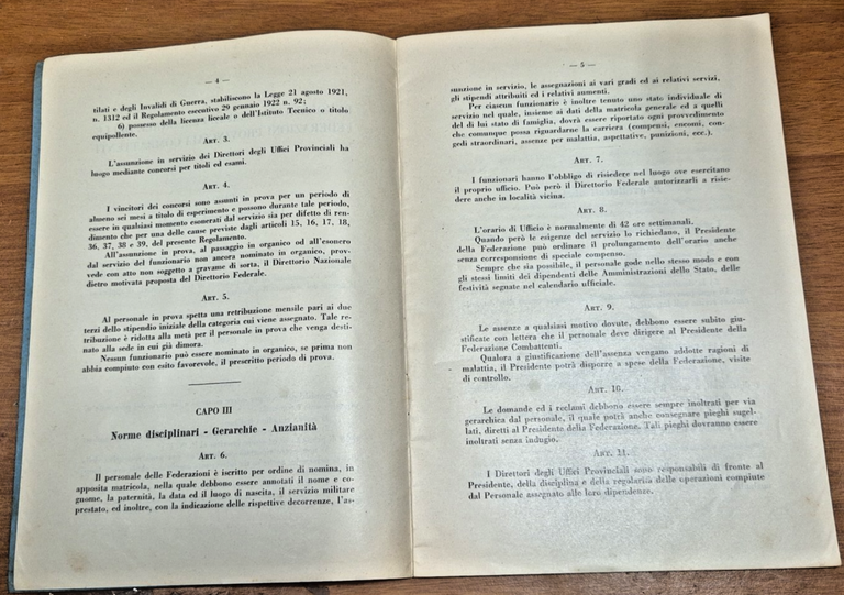 REGOLAMENTO PER IL PERSONALE DELLE FEDERAZIONI PROVINCIALI COMBATTENTI 1936 libr