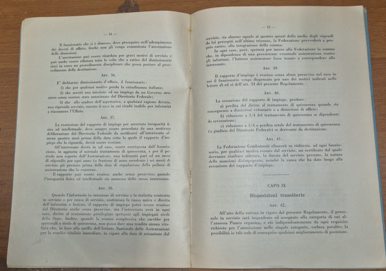 REGOLAMENTO PER IL PERSONALE DELLE FEDERAZIONI PROVINCIALI COMBATTENTI 1936 libr