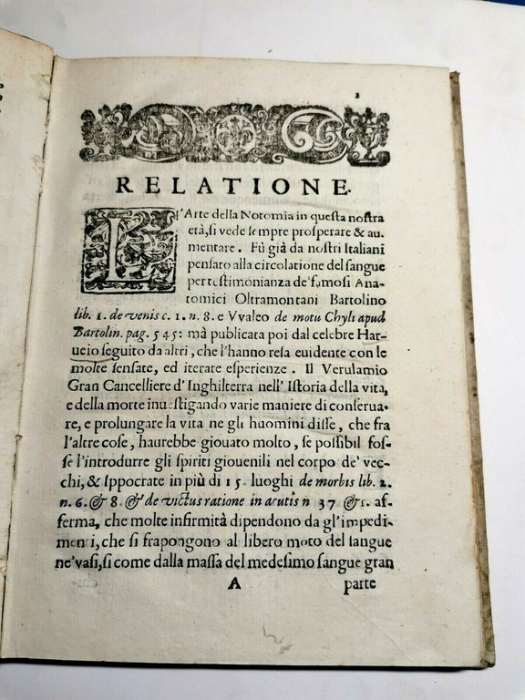 RELAZIONE DELL'ESPERIENZE SU TRASFUSIONE DEL SANGUE 1668 Manolessi libro antico