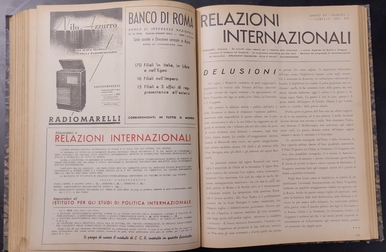RELAZIONI INTERNAZIONALI Settimanale di Politica 1940 1941 15 NUMERI RILEGATI