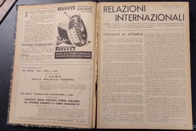 RELAZIONI INTERNAZIONALI Settimanale di Politica estera 1941 15 numeri rilegati